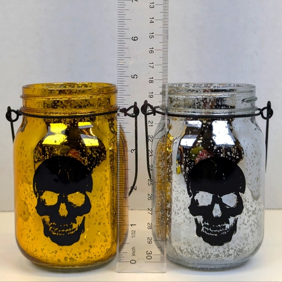 🎃 Skull Decorated Mason Jars Painted Gold & Silver with Rotating Handles Empty - Picture 5 of 5